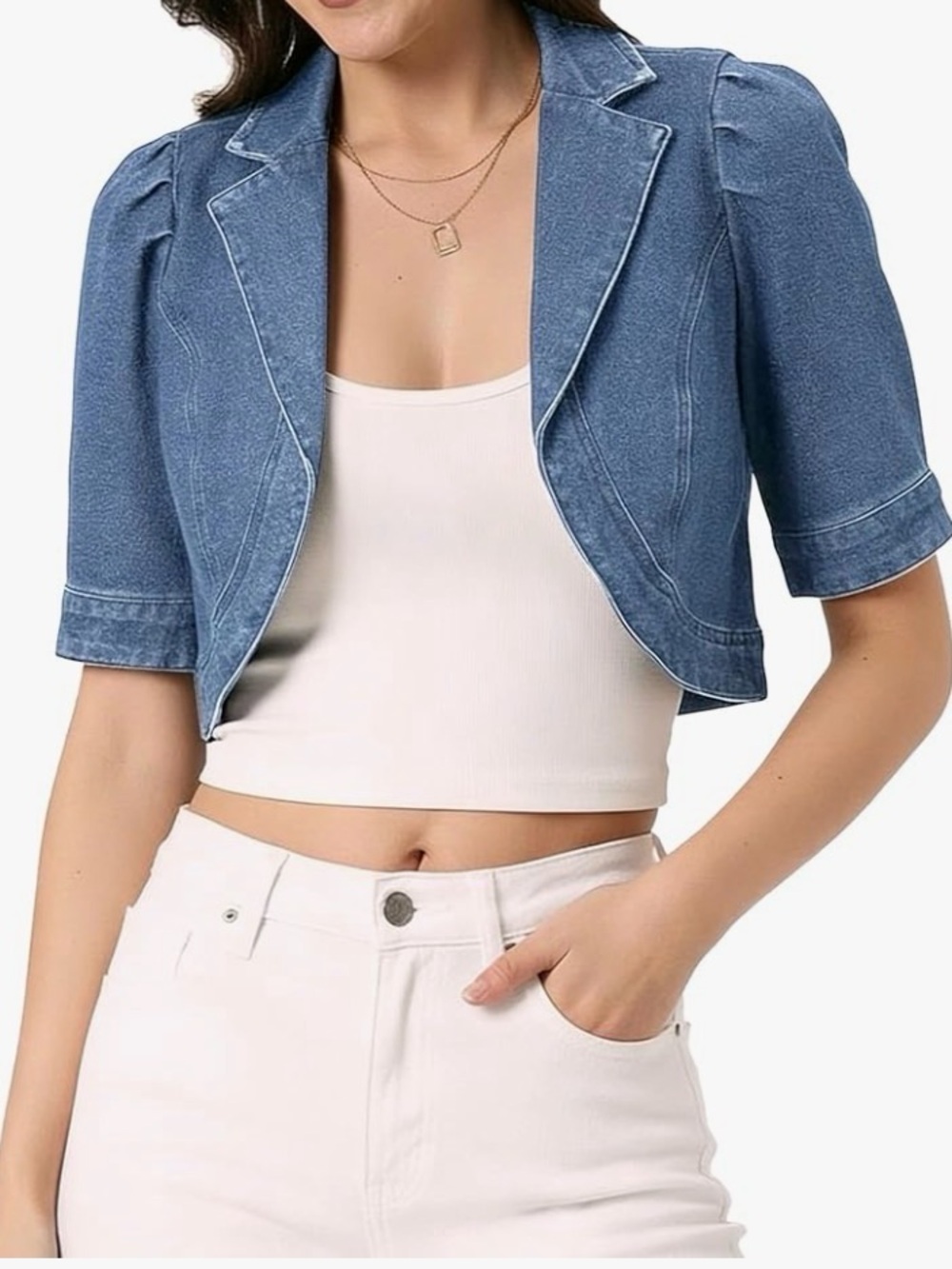 Allegra K Cropped Denim Short Puff Sleeve Lapel Open Front Jean Jackets, Size XS